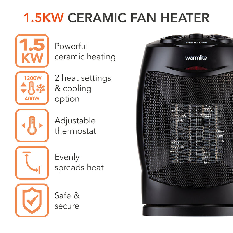 Warmlite 1500W Ceramic Fan Heater - Black