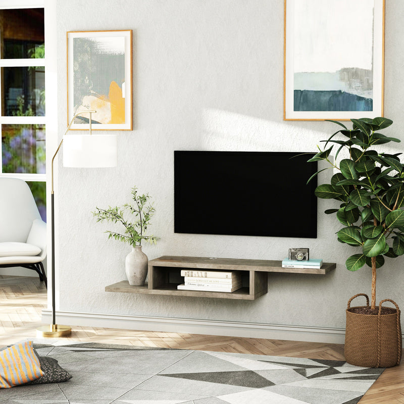 HOMCOM Floating TV Unit, Wall Mounted TV Stand With Open Shelf And 2 Cable Holes, Entertainment Unit For Living Room, Grey