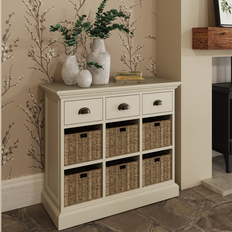 Hatton Antique White  Storage Unit 3 Drawer 6 Basket 85 x 35 x 75 cm