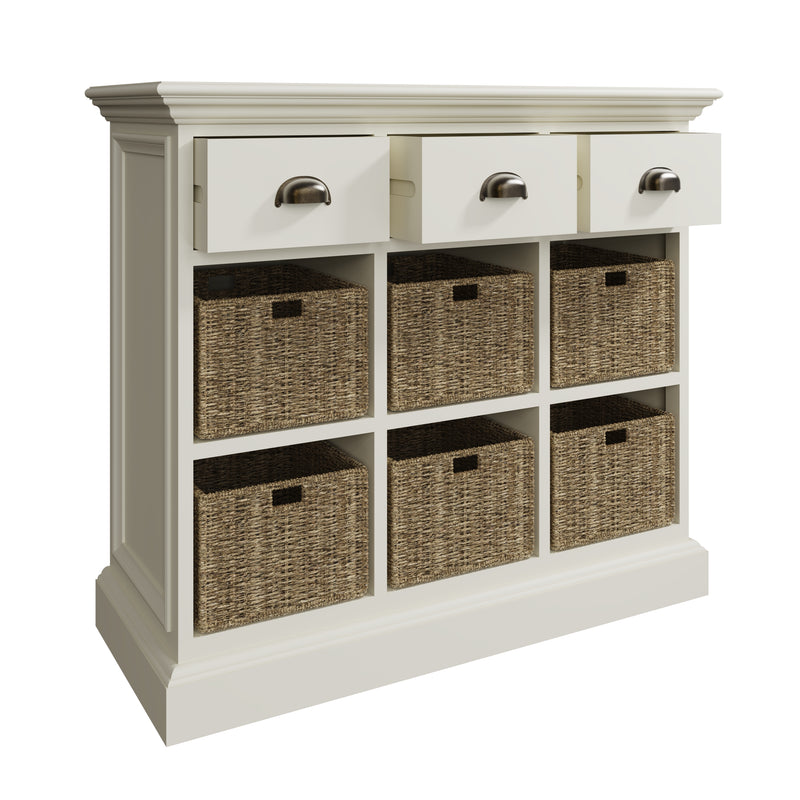 Hatton Antique White  Storage Unit 3 Drawer 6 Basket 85 x 35 x 75 cm