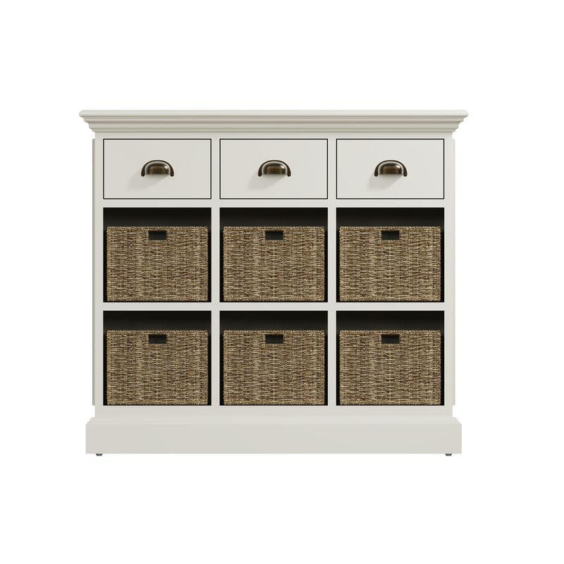 Hatton Antique White  Storage Unit 3 Drawer 6 Basket 85 x 35 x 75 cm