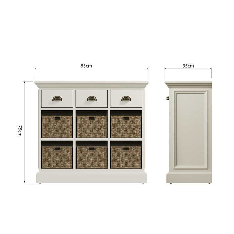 Hatton Antique White  Storage Unit 3 Drawer 6 Basket 85 x 35 x 75 cm