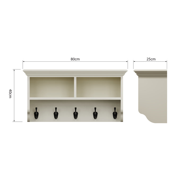 Hatton Antique White  Wall Coat Rack Unit 2 Hole 5 Coat Hook 80 x 25 x 40 cm