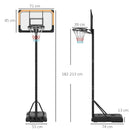 SPORTNOW Basketball Backboard Hoop Net Set System with Wheels, 182-213cm, Black