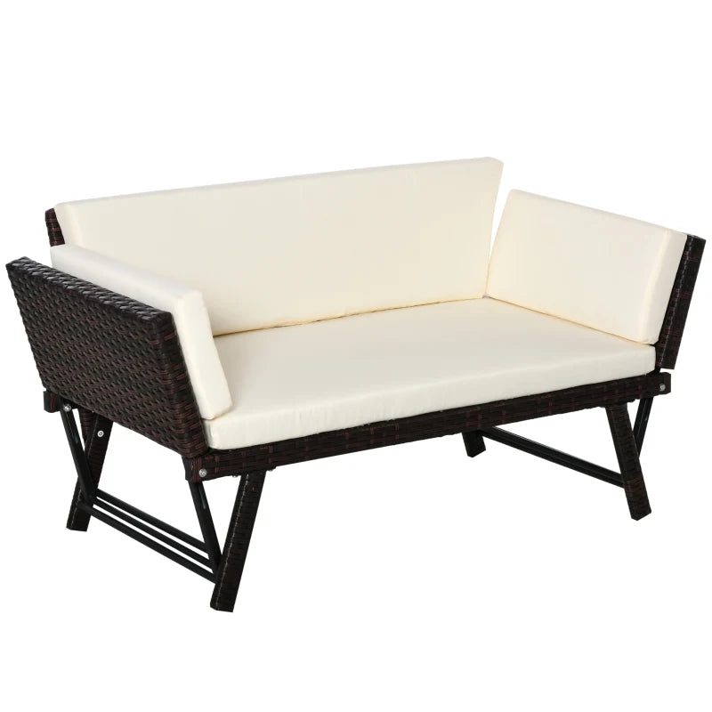 Outsunny 2 in 1 Rattan Folding  daybed sofa bench Bench  with Cushion Outdoor - Brown