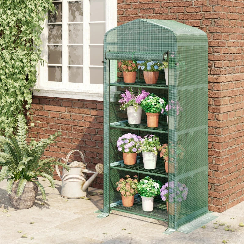Outsunny 4 Tier Mini Greenhouse, Portable Green House with Steel Frame, PE Cover, Roll-up Door