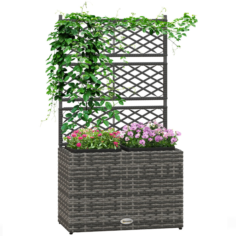 Outsunny Garden PE Rattan Planter Box w/ Trellis Flower Raised Bed, 57x30x107cm