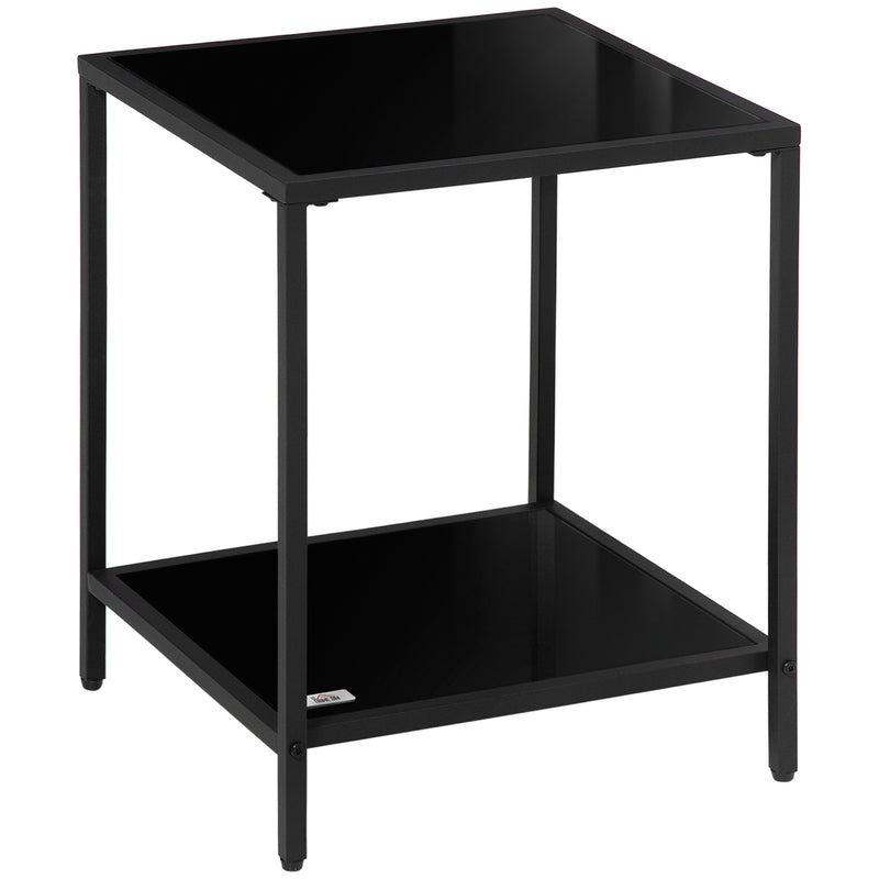 HOMCOM Side Table with Tempered Glass Top, End Table with 2-Tier Storage, Black