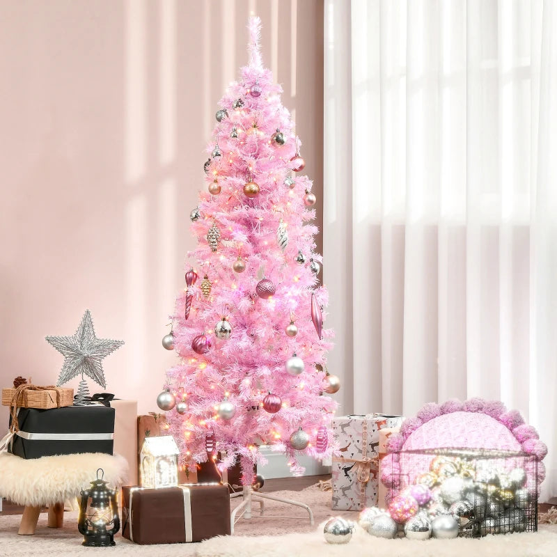 HOMCOM Christmas Tree Slim Pink 7' with 350 Warm White LED Lights