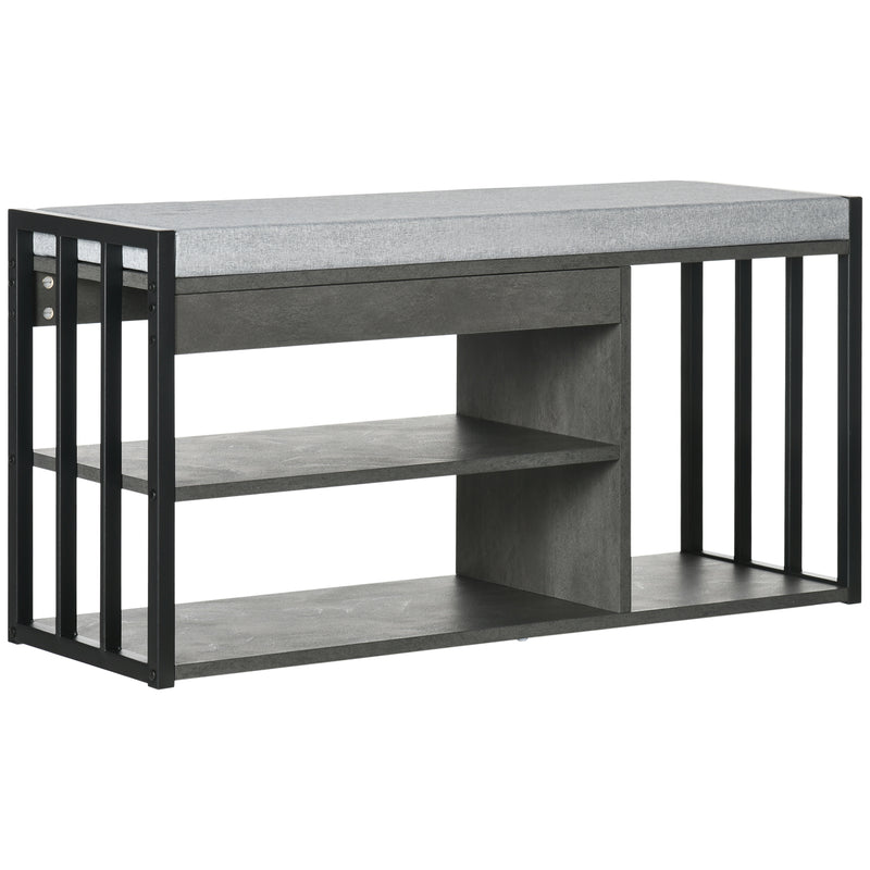 HOMCOM Upholstered Entryway Shoe Bench with Storage Open Shelves, Grey