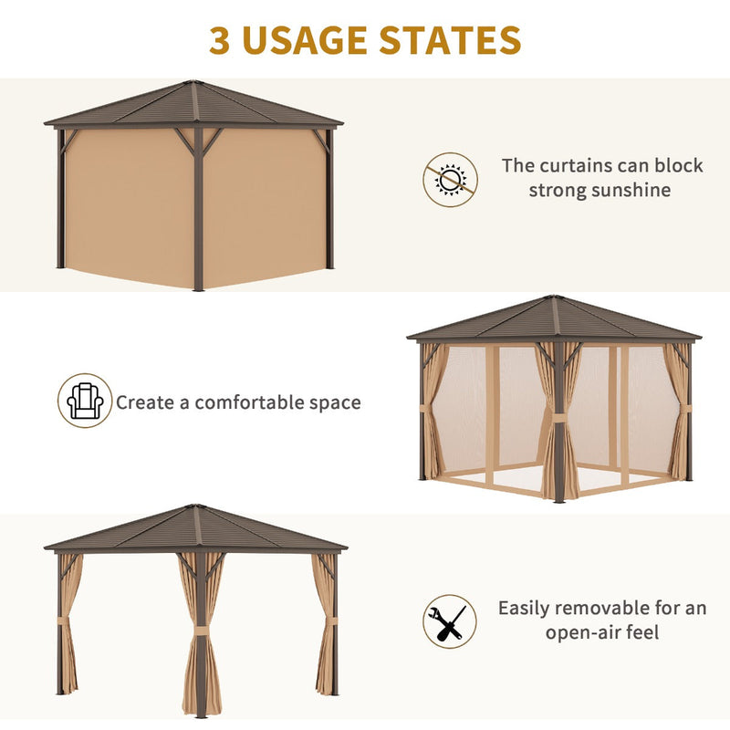 Outsunny 3 x 3 Meters Garden Gazebo with Netting & Curtains, Hard Top Gazebo Canopy Shelter with Metal Roof and Aluminum Frame, for Garden, Lawn, Backyard and Deck, Brown