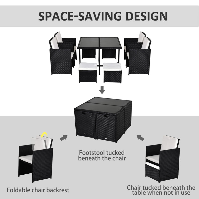 Outsunny 9 Pieces PE Rattan Cube Garden Furniture Set with Cushions, Outdoor Dining Table Set with 4 Armchair, 4 Stool, and Square Glass Top Table, Black