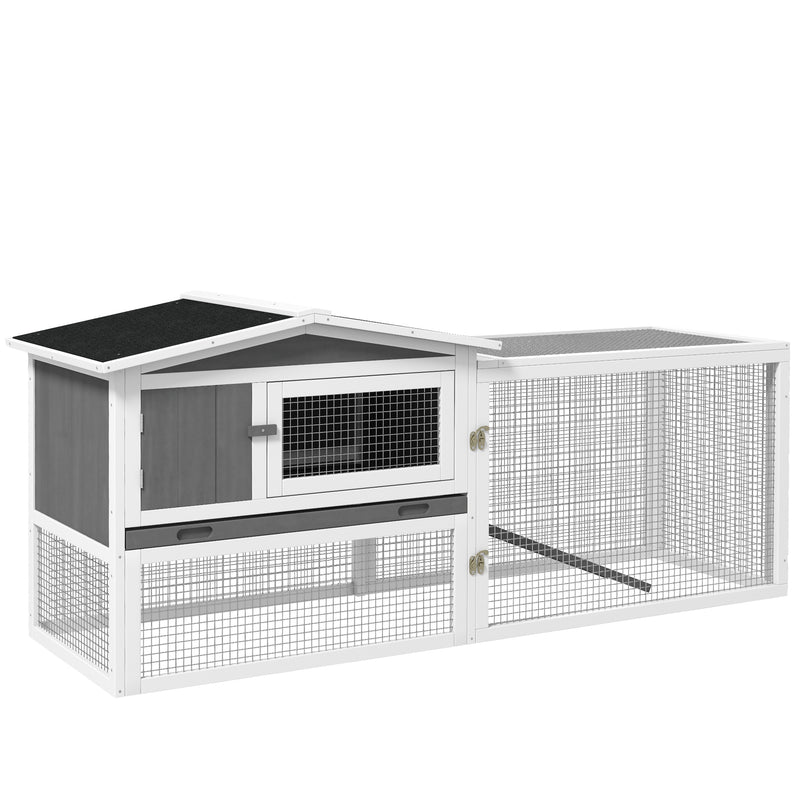 PawHut Rabbit Hutch and Run Outdoor w/ Sliding Tray Hay Rack Ramp, 156x58x68cm