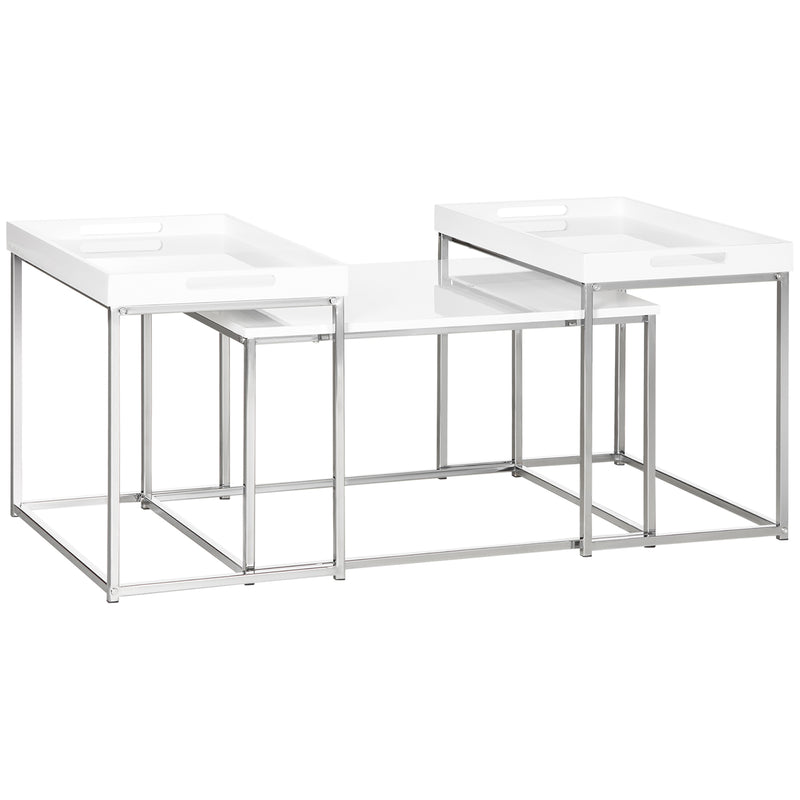 HOMCOM Coffee Table Set of 3 W/ Steel Frame, High Gloss Nest of Tables, White