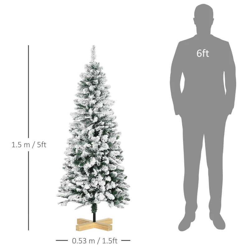 HOMCOM Christmas Tree Snow Flocked Slim 5' with Pinewood Base