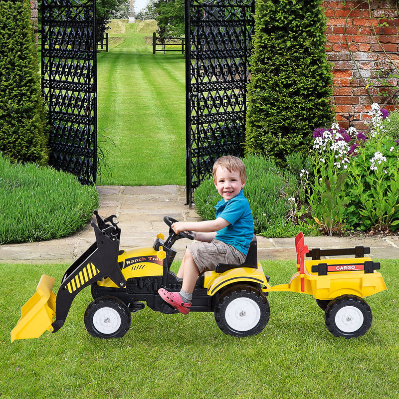 HOMCOM Kids Excavator with Pedals and Trailer - Yellow