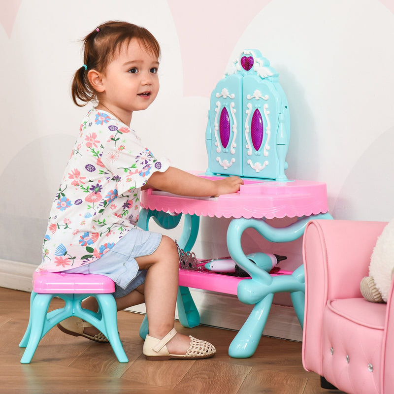 HOMCOM Children's 32 Pcs Magic Light-Up Princess Dressing Table & Stool