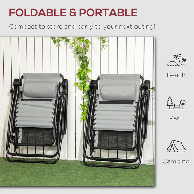 Outsunny Foldable Garden Recliner Chair Set of 2 w/ Footstool & Headrest, Grey