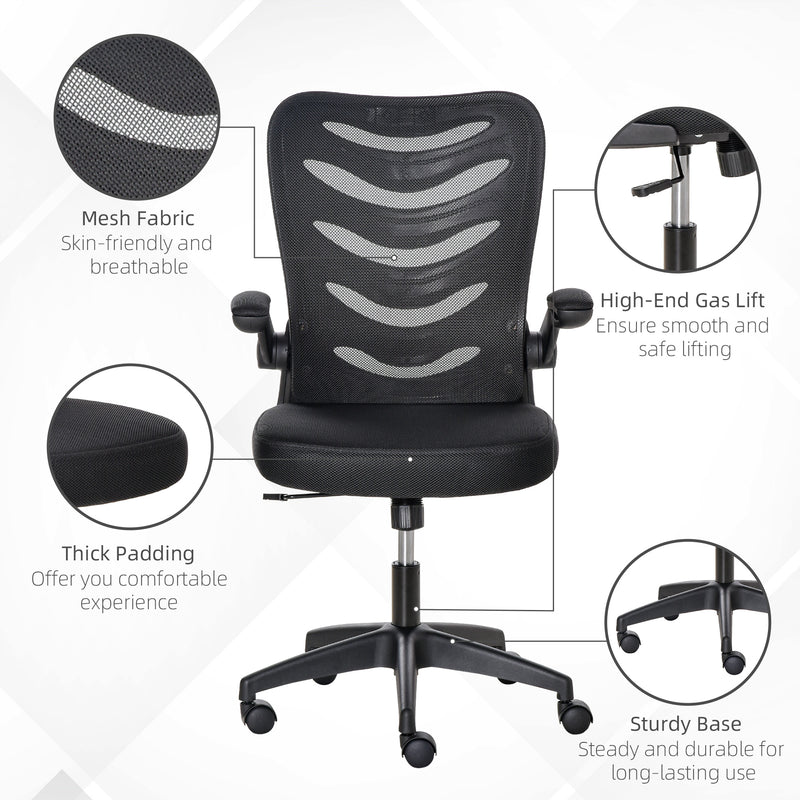 Vinsetto Mesh Office Chair for Home Swivel Task Desk Chair with Lumbar Back Support Flip-Up Arm Adjustable Height Black Computer w/
