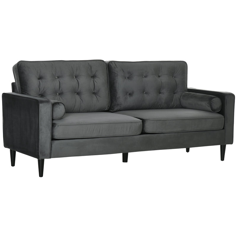 HOMCOM 3-Seater Sofa Velvet Feel Fabric Sofa Couch w/ Cylindrical Pillows, Grey