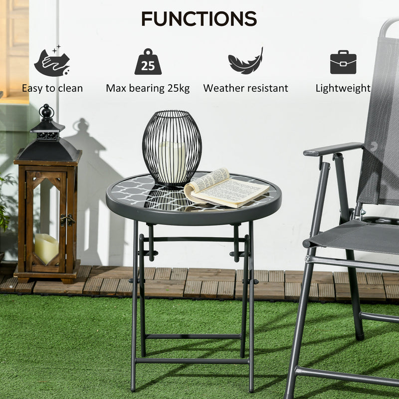 Outsunny Round Folding Side Table w/ Imitation Marble Glass Top, Black & White