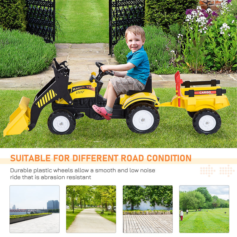 HOMCOM Kids Excavator with Pedals and Trailer - Yellow