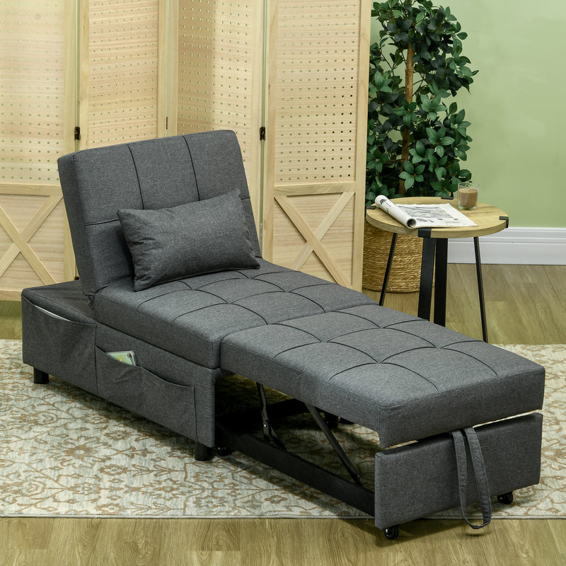HOMCOM Folding Sofa Bed Adjustable Single Sleeper W/ Pillow Side Pocket, Grey