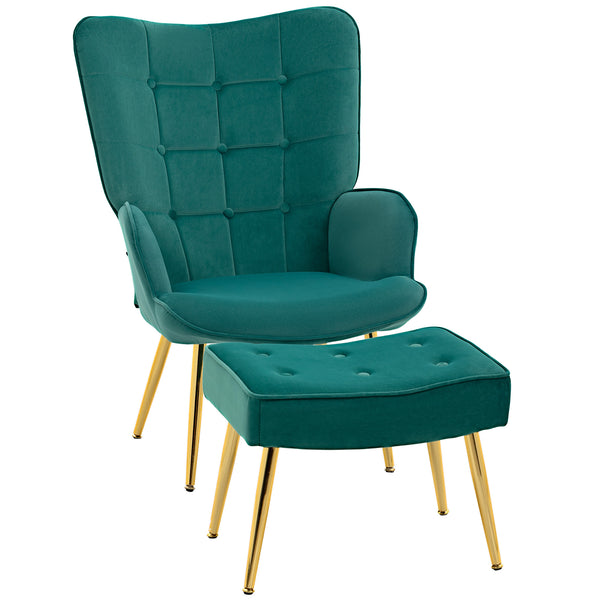 HOMCOM Armchair, Living Room Chair, Velvet Accent Chair with Footstool for Bedroom, Home Study, Dark Green