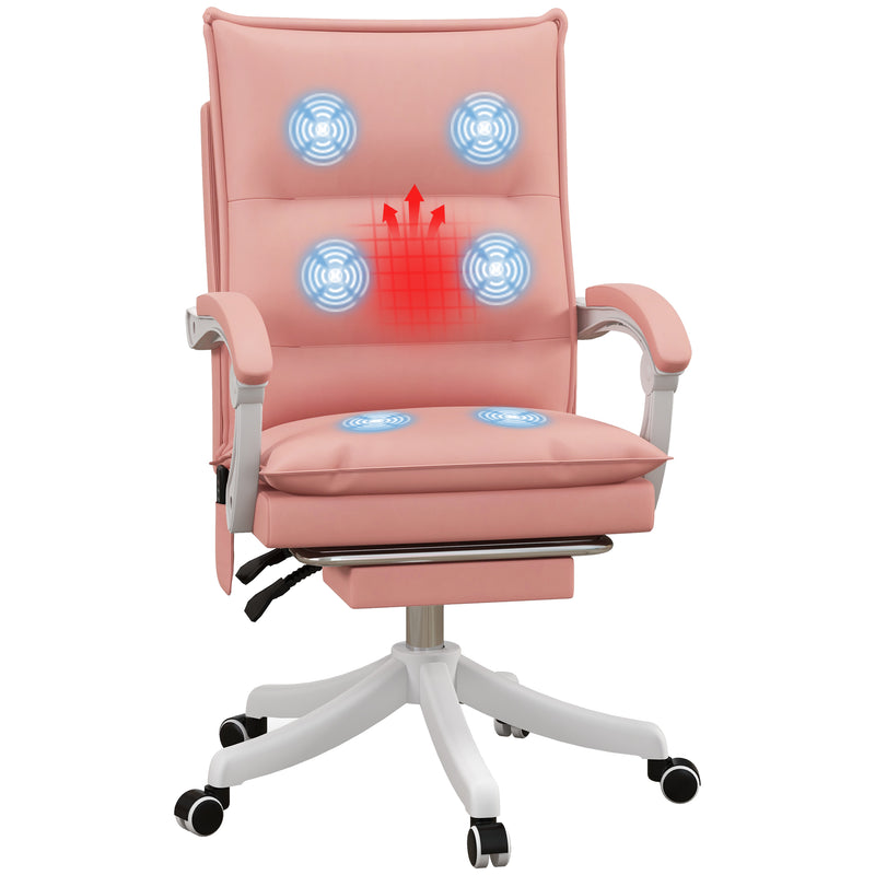 Vinsetto Massage Office Chair with Heat, Ergonomic Computer Desk Chairs, Faux Leather Desk Chair with Footrest, Armrest and Reclining Backrest, Pink
