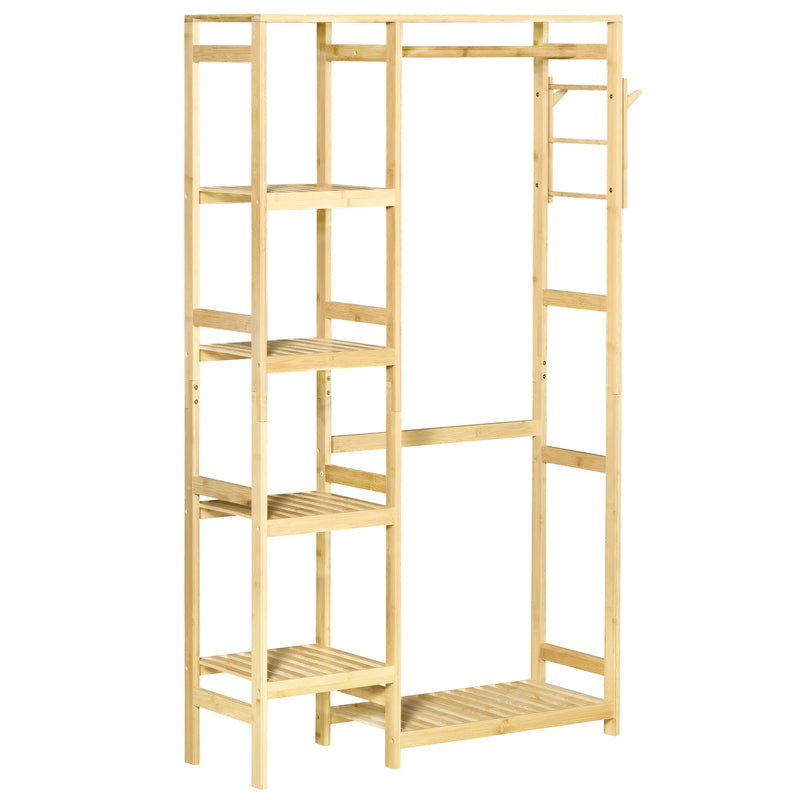 HOMCOM Bamboo Coat Rack w/ Hooks Hanging Rail and Storage Shelf for Entryway