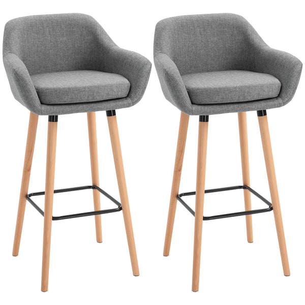 HOMCOM 2 PCs Upholstered Bucket Seat Bar Stools w/ Solid Wood Legs Grey