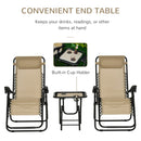 Outsunny 3pcs Folding Zero Gravity Chairs Sun Lounger Table Set w/ Cup Holders Reclining Garden Yard Pool, Beige
