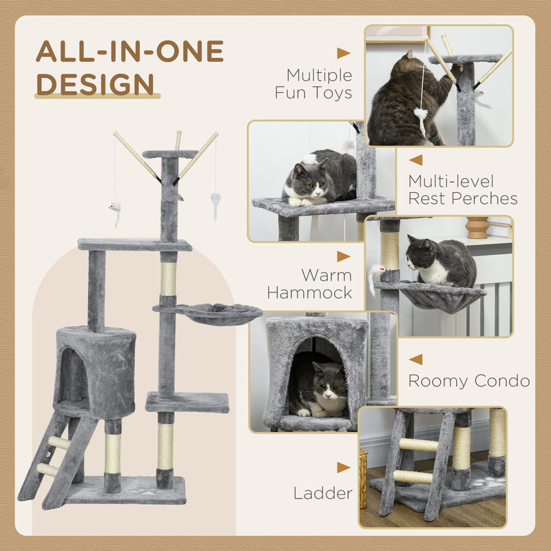 PawHut Cat Tree Kitty Activity Centre Scratching Post With Toys 5-tier Grey