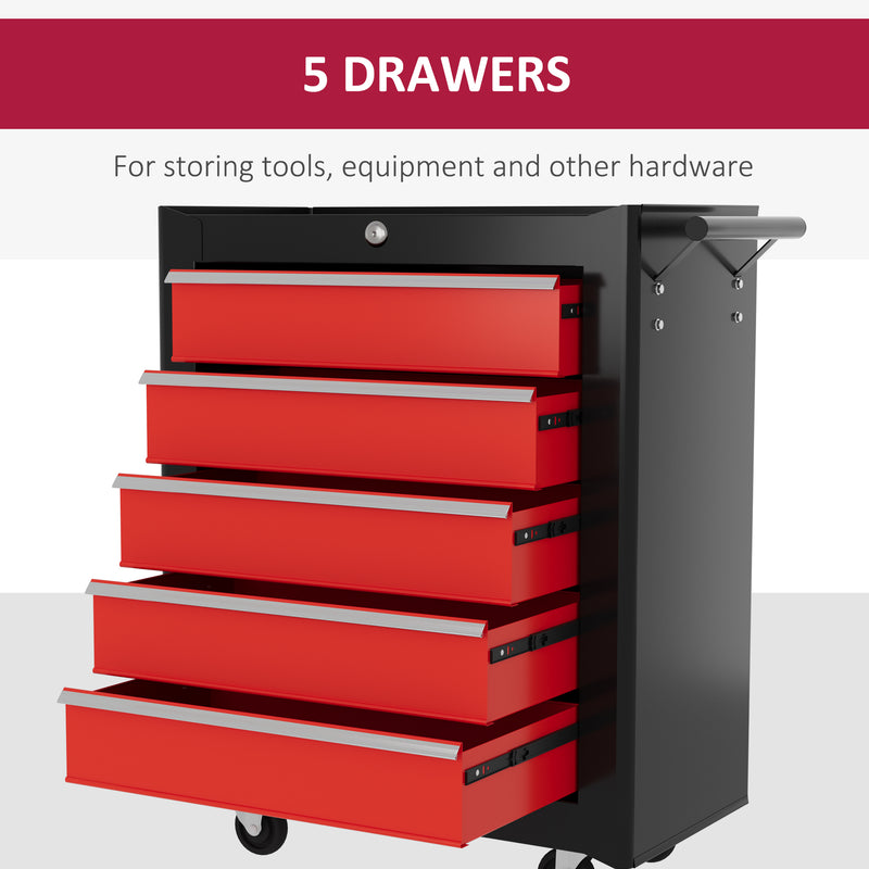 HOMCOM 5-Drawer Tool Chest Steel Lockable Tool Storage Cabinet W/ Wheels Red