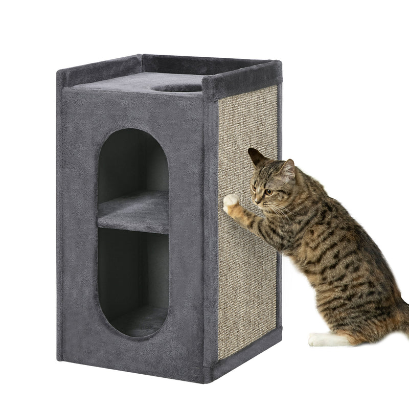 PawHut 81cm Cat Scratching Barrel with Two Cat Houses for Indoor Cats - Grey