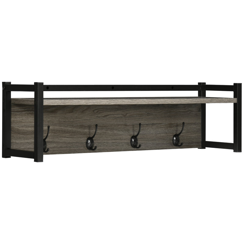 HOMCOM Rustic Wall-Mounted Coat Rack Floating Shelf with 4 Hooks for Entryway