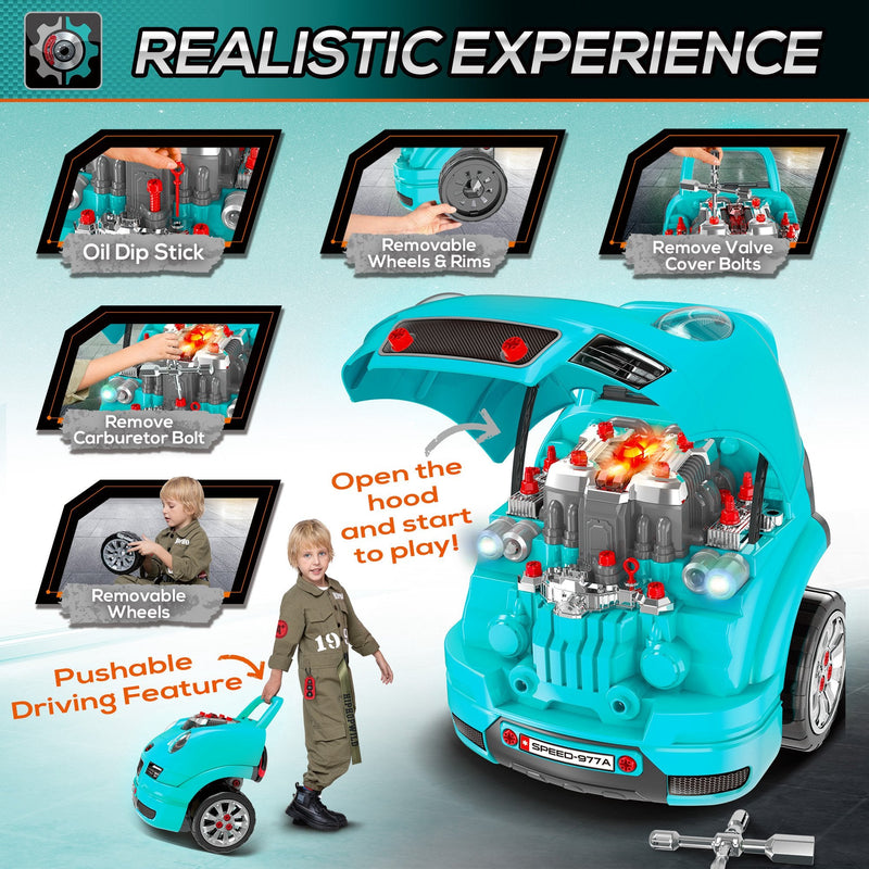 HOMCOM Kids Truck Engine Toy Set, with Horn, Light, Car Key, for Ages 3-5 Years - Teal