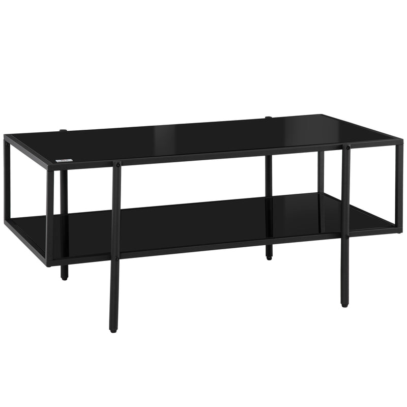 HOMCOM Coffee Table with Tempered Glass Top, Centre Table with 2-Tier Storage