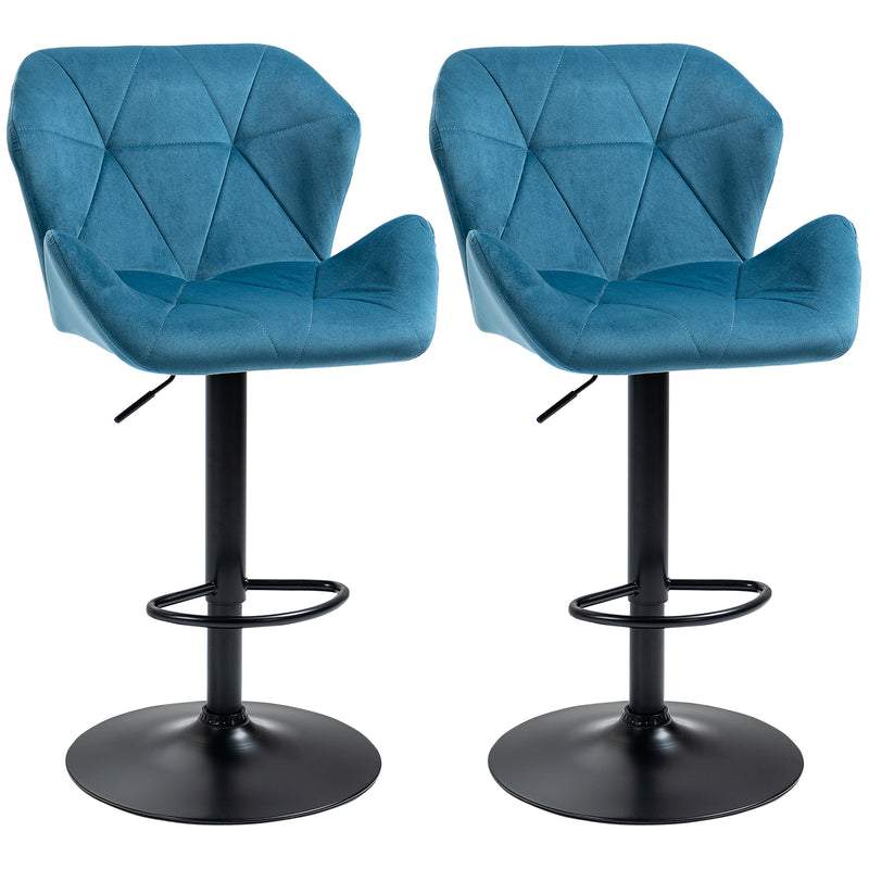 HOMCOM Set Of 2 Luxurious Velvet-Touch Bar Stools Metal Frame Footrest Blue