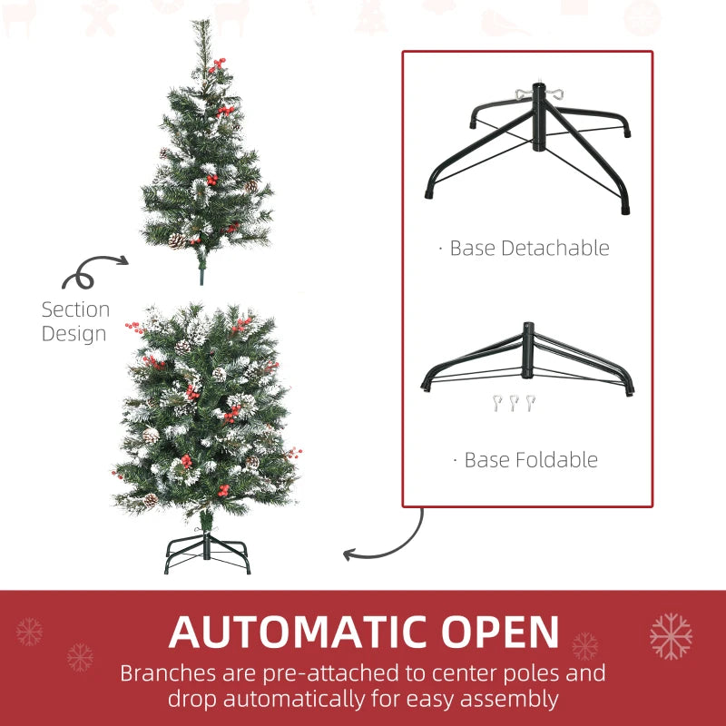 HOMCOM Christmas Tree Snow Dipped Slim 5' with Pine Cones & Berries
