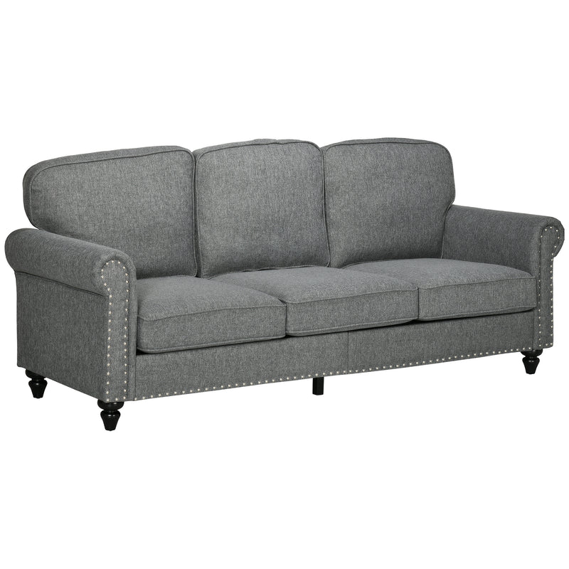 HOMCOM 3 Seater Sofas Fabric Couch with Nailhead Trim and Cushions Grey
