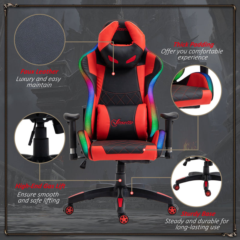 Vinsetto Racing Gaming Chair with RGB LED Light Lumbar Support -  Black Red
