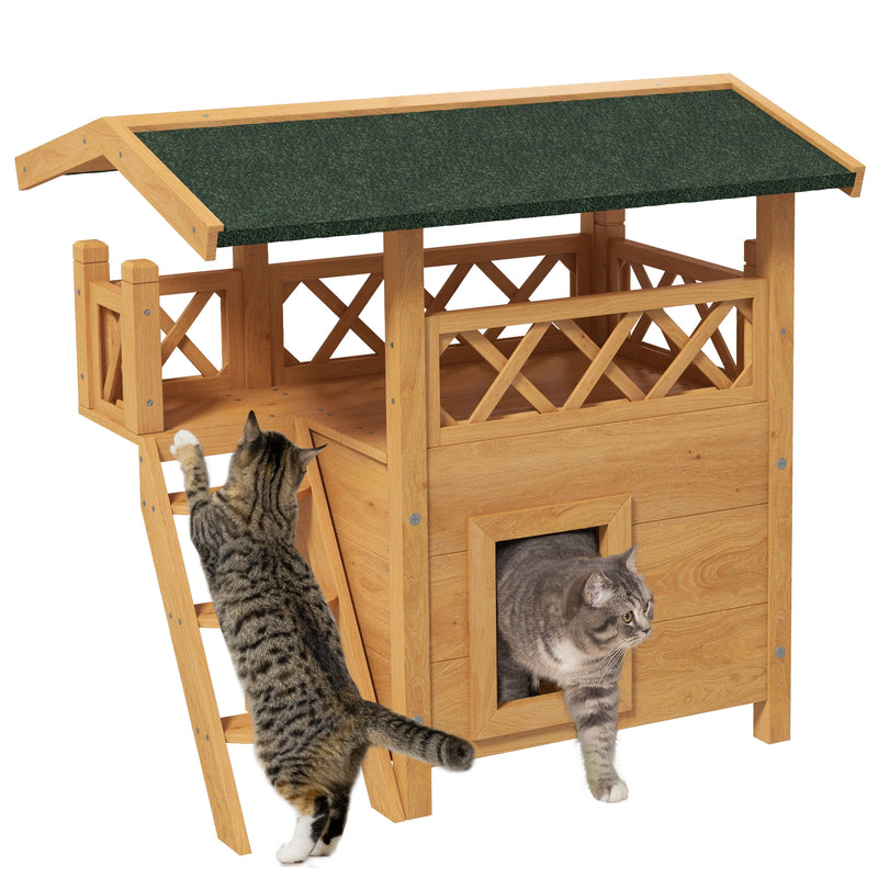 PawHut Outdoor Cat House w/ Balcony Stairs Roof, Natural Wood Finish