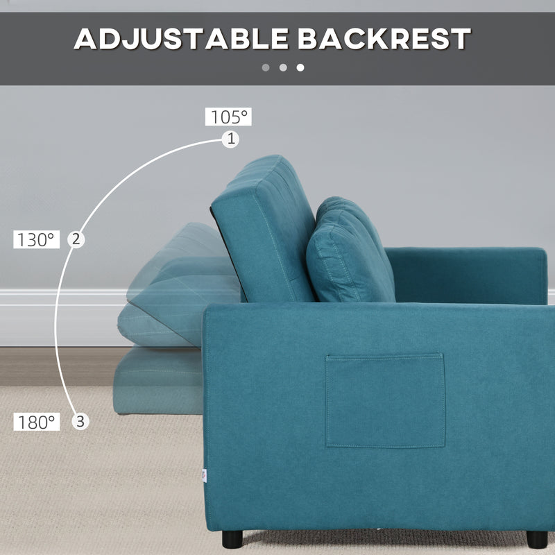 HOMCOM 2 Seater Sofa Bed Convertible Bed Settee With Cushions, Pockets, Blue