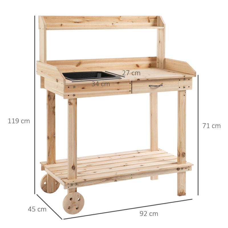 Outsunny Wooden Potting Bench Work Table with 2 Removable Wheels, Sink, Drawer & Large Storage Spaces, 92x45x119cm