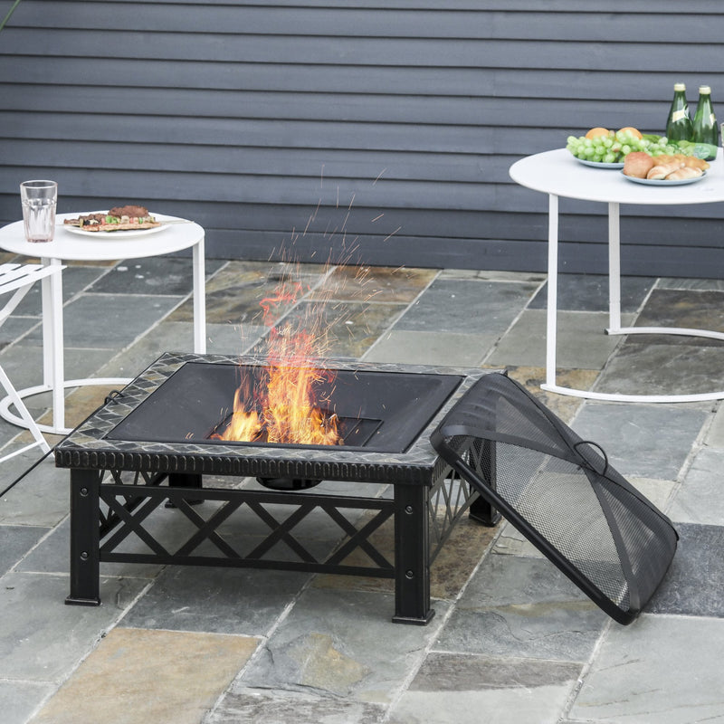 Outsunny Square Garden Fire Pit Square Table w/ Grill Shelf Poker Mesh Cover Grate 76cm