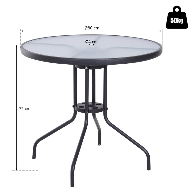 Outsunny Bistro Table  with Parasol Hole, Tempered Glass Top  80cm Diameter Black
