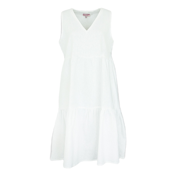 Betty Kay V-Neck Tiered Linen Dress with Pockets - White