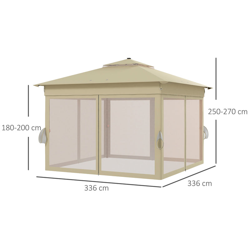 Outsunny 3x3(m) Pop Up Gazebo w/ Solar-Powered LED Lights Curtain Netting Khaki