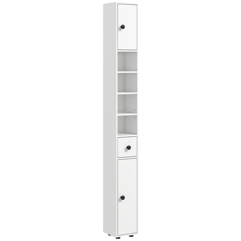 Kleankin 180cm Tall Slim Bathroom Cabinet, Narrow Toilet Roll Storage with Open Shelves, 2 Door Cabinets, Adjustable Shelves, for Kitchen, Hallway, Living Room, White